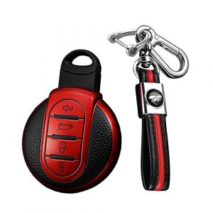 KUNIO Coque de cl&eacute; de Voiture Compatible avec BMW Mini One Cooper S F54 F55 F56 F57 F60 Jcw Clubman Works Countryman TPU Texture Cuir Porte-cl&eacute;s cl&eacute; 4 Boutons Rouge (KUNIO, neuf)