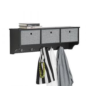 SoBuy Porte Manteau Mural avec 5 Crochets et 3 Paniers - Porte Manteau Mural Bois, Meuble Entrée avec Étagère - Penderie Suspendue pour Chambre, Salon, Salle de Bain - Noir 100x20x30cm, FRG282-SCH (SoBuy-Shop-FR, neuf)