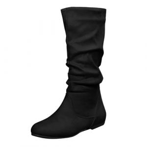 Bottes mi-mollet pour femmes grande taille, bottes larges &agrave; mollet plat pour femmes en daim, bottes d'hiver confortables et chaudes pour femmes avec fermeture &eacute;clair lat&eacute;rale, couleur unie, bottes de (Lusheng Maoyi, neuf)