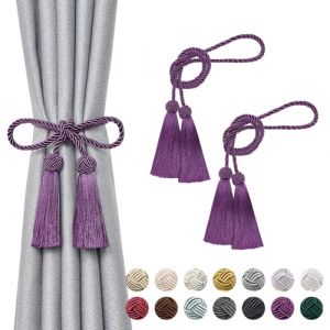 Pretty Jolly Lot de 2 embrasses de rideaux &agrave; pompons &agrave; double extr&eacute;mit&eacute; faites &agrave; la main en corde tress&eacute;e avec n&oelig;uds de style europ&eacute;en pour d&eacute;coration de fen&ecirc;tre de maison et de bureau (violet) (PrettyJolly, neuf)