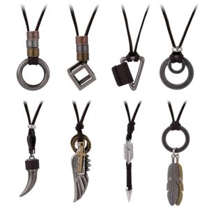 Mikovivi 8pcs Collier Cuir Homme Vintage, 8 Styles Vintage Collier en Cuir Réglable Anneau de Dent de Loup en Plumes Collier Cordon de Cuir Bijoux de Pull pour Hommes et Femmes (KISEGO, neuf)