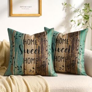 Housse de Coussin 40 x 40 cm Vert Imitation Lin Ray&eacute; Home Sweet Home Couronne Noir Farmhouse Rustique Vert Kaki Marron Housse de Coussin Lot de 2 avec Fermeture &Eacute;clair Invisible pour Canap&eacute; Balcon (KOOOLET EU, neuf)