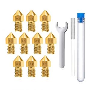 MMOBIEL 10 pièces MK8 en Laiton de 0,3 mm pour imprimante 3D, extrudeuse Compatible avec Les séries Creality Ender 3, Ender 5, CR-10/10S, Makerbot, Anet A8, incluant 3 Aiguilles de Nettoyage et Clé (Menko Telekom, neuf)