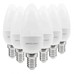 SINCELIGHT Ampoule LED en forme de bougie B35 et culot E14, IRC (RA≈85), Diffuseur laiteux, 5W, Blanc Chaud (2700K), 500lm, Lot de 6 (SINCELIGHT, neuf)