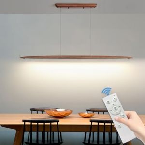 Mikeru Lampe Pendante Linéaire, 130cm Lumières De Table De Billard 3000k/4500k/6000k Luminaire Suspendu Réglable En Hauteur 10%-100% Lampe Pendante LED En Bois à Intensité Variable Pour Le Salon (Mikeru FR-Store, neuf)