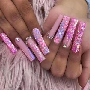 Faux ongles, ongles à presser Faux ongles longs en forme de cercueil avec colle, faux ongles marron portables avec strass, presse de Ballet, couverture complète(8) (zhangtingamz, neuf)