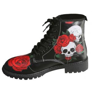 Ulalaza Bottes pour Femmes Bout Rond Talons Bloc Bottines Plateforme Gothique À Lacets Punk Bottes De Combat De Moto en Cuir Imprimé Multicolore Grosses Bottes Courtes (ToBe-One, neuf)