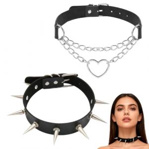 YUVKIN 2PCS Collier Choker Vintage Gothique Punk en Cuir avec Clous et C&oelig;ur - Ajustable PU Cuir Carnaval (Noir) (Pour Femme et Homme) (HerEdit, neuf)