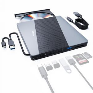 Unitek Lecteur CD DVD externe, USB 3.0/USB C, Hub USB 3.0/2.0, Carte SD/TF, Compatible Windows 11/10/8.1/8/7/Vista/2003/XP/2000, Linux, Mac 10 (Arsuie, neuf)