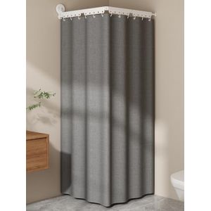 Barre Tringle Rideau Douche Angle Extensible Reglable Pliable Sans Percage avec Double Ventouse et Rideau de Douche en Lin Anti Moisissure Lavable en Machine(D-Dark gray,95 cm/37.4 in) (APMOE Official, neuf)