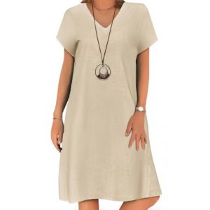 Zeagoo Femmes Robes D'&eacute;t&eacute; &Eacute;l&eacute;gante Robe Femme en Lin de Plage Longueur Genou Robe &agrave; Manches Courtes en Lin Col en V Midi Robes Boh&egrave;me avec Poches A Ligne T-Shirt Robe D&eacute;contract&eacute;e Beige M (Zeagoo direct, neuf)