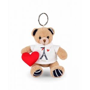 DOUDOU ET COMPAGNIE - Porte-Cl&eacute;s Peluche Ours Paris avec T-Shirt Tour Eiffel & Petit C&oelig;ur - 14cm - Mini Peluche &agrave; Attacher sur Sac ou Cl&eacute;s - Id&eacute;e Cadeau Souvenir Paris Enfants & Adultes - SP4283 (1001jouets, neuf)