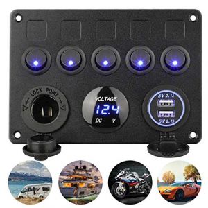 5 Gang Panneau de Commutateur à Bascule Interrupteur à Bascule Panneau Tableau Electrique Bateau Voiture Etanche Double USB DC 12V/24V LED Camion Remorque Marine Véhicules SUV Camping-car (TawTop - FR, neuf)