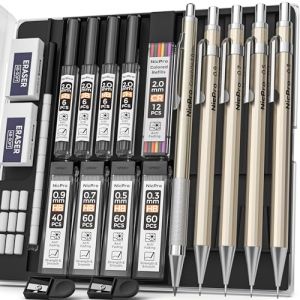 Nicpro 5 porte-mines en métal avec étui, crayons d'artiste avec 9 boîtes de mines de rechange 0,3, 0,5, 0,7, 0,9 et 2 mm (mine colorée 2H HB 2B 4B), 2 gommes, pour croquis et dessin (NicproShop EU, neuf)