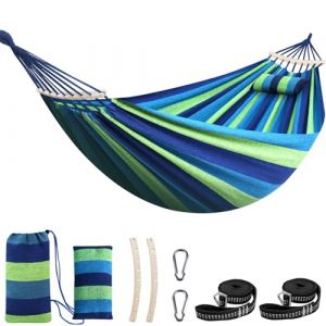 Chihee Coton Hamac Grand hamac Souple Respirant Hamac de Camping Peut Supporter jusqu'à 300KG Hamac d'arbre Portable avec Barre d'écartement détachable Oreiller 2 Sangles Solides 2 mousquetons (Tokeda, neuf)