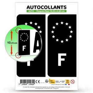 Autocollant Plaque Immatriculation 2 Stickers Pays F France - Identifiant Europ&eacute;en en Version Fond Noir : 10,25 x 4,6 cm (Plaque Plexi) (blasonimmat, neuf)