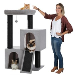 PETEPELA Grand Arbre a Chat, Arbre à Chat Design Moderne avec Poteaux XXL 11 cm en Sisal, Double Condos Spacieux & Perchoir Confortable de 52 * 54 cm, 114 cm, Noir-Gris (PETEPELA, neuf)