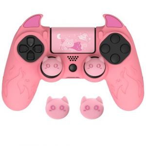 PlayVital Protection pour ps4 Manette avec Capuchon Joystick,Housse Silicone pour ps4 Slim Pro Controller Skin Cover avec Thumbsticks Caps-Rose,Édition Démon (Game Skindecal Store, neuf)