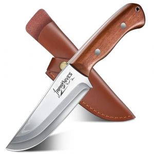 Japaknives Couteau &agrave; lame fixe Couteau de survie avec &eacute;tui en cuir Manche en bois de rose Couteau d'ext&eacute;rieur cadeau de camping pour homme (Japaknives-FR, neuf)