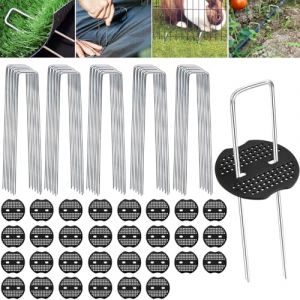 Frasheng Piquets de Fixation en Acier Galvanisé, 100 Pièces + 30 Rondelles, Pelouse Agrafes, Piquets de Jardin, Piquet pour Toile de Paillage, Grillage et Filets - 150 mm Long, 30 mm Large, Ø 3 mm (RAGUCCI, neuf)