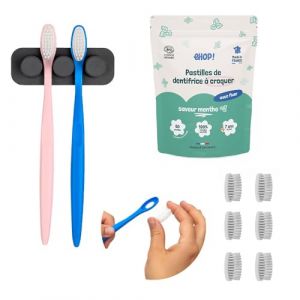 [EHOP] Kit - 2 Brosses à dent Adultes avec 6 têtes rechargeables adultes souples, 1 support duo ventouse, 1 dentifrice solide à la menthe | Bleu et Rose | Fabriqué en France (Ehop !, neuf)