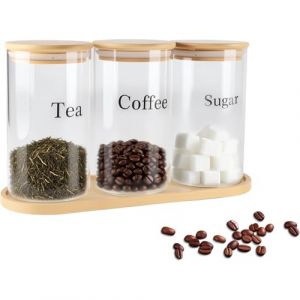 ZoeQide Set de 3 Bo&icirc;tes en Verre &Eacute;tanches avec Couvercles en Bambou - Bo&icirc;te &agrave; Sucre, Bo&icirc;te &agrave; Th&eacute;, Bo&icirc;te &agrave; Caf&eacute;, Bo&icirc;te &agrave; Sucre en Morceaux - Organisateur de Cuisine avec &Eacute;tiquettes et Plateau Inclus (qingdaikeji, neuf)