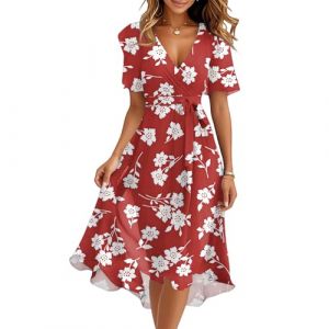 Robe de Femme Boheme Chic et Elegant Mi Longue Ensemble Robe Femme Vetement Femmes Portefeuille Grande Taille Manche Courte Cache Coeur 2025 Robes de Bal Plage Soiree D'&eacute;t&eacute;(F Red,XX-Large) (QU-XINYU, neuf)