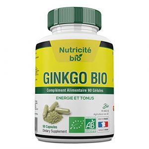 Ginkgo Biloba Bio 90 Gélules – Circulation Jambes Lourdes, Mémoire et Concentration – Boost Energie et Vivacité Intelectuelle et Physique – 100% Naturel et Vegan (NUTRICITE-BIO, neuf)