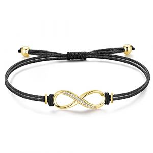 Jrêveinfini Infini Bracelet Femme Enfant Fille Argent 925, Tressé Bracelet Or Amitié Porte Bonheur Femme, Personnalisé Noir Bracelet Cordon Cuir Maman, Cadeau Fete des Meres Anniversaire Femme (Infinitedream, neuf)