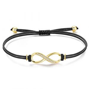 Jrêveinfini Infini Bracelet Femme Enfant Fille Argent 925, Tressé Bracelet Or Porte Bonheur Femme, Personnalisé Noir Bracelet Cordon Cuir Maman, Idee Cadeau Noel Anniversaire Femme Maman (Infinitedream, neuf)