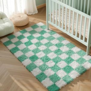 HUGEAR Tapis Salon Shaggy Damier Tapis Chambre Adulte Fille Doux Moelleux Descente de lit AntidéRapant Moderne Grand Tapis Vert Blanc 120×180cm Decoration Chambrel (RONGBEN, neuf)