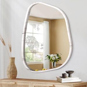 HLFMVWE Miroir Mural Asym&eacute;trique Ovale Moderne Encadr&eacute; en Bois Unique Miroir Suspendu Artistique Miroir Ondul&eacute; D&eacute;coratif Salle de Bain Vanit&eacute; Chambre &agrave; Vivre Petit 35x25CM (HLFMVWE, neuf)
