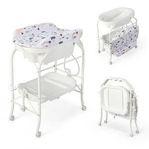 COSTWAY Table à Langer 2 en 1 avec Baignoire 20L Plateau de Rangement, Commode à Langer Pliable Couches Étanches Roue Universelle à Frein Charge 35KG, pour Bébé 0-12 Mois (Blanc) (FDS GmbH, neuf)