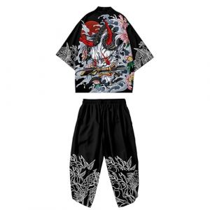 DOSLAVIDA Ensemble de veste kimono japonaise pour hommes, veste &eacute;l&eacute;gante ouverte sur le devant avec short, cardigan imprim&eacute; de style chinois, noir/blanc, Large (jinzhongweixishangm, neuf)