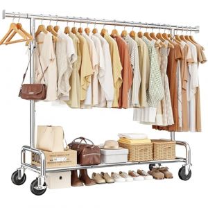 Klyvvo Portant a Vetement Solide &agrave; Roulettes, Penderie Extensible pour Charge Lourde, Capacit&eacute; de Charge 150 kg, portant v&ecirc;tements roulettes et &eacute;tag&egrave;re porte, pour pr&eacute;sentation, rangement, Chrom&eacute; (Klyvvo, neuf)