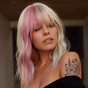 FAELBATY Perruque Blonde Courte Highlight Rose Perruques avec Frange Femme Blonde Mixte Rose Bob Perruque Bouclée Ondulée Synthétique Cosplay Perruque Longueur d'Épaule Perruque Costume Perruques(12") (FAELBATYHAIR, neuf)