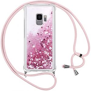 Vauki Coque Samsung Galaxy S9 avec Cordon,Paillette Liquide Transparent Crystal Glitter Housse,Protection Antichoc Silicone Souple TPU Bumper Case,R&eacute;glable Collier pour Samsung S9,Rose (HARMONIQUE WAY, neuf)