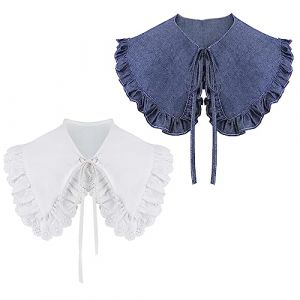 XEPST 2 Pi&egrave;ces Faux Col Femme D&eacute;tachable, Demi Chemists Col Chemister Col de Chemise Removable Faux Col Claudine Amovible D&eacute;tachable Col pour Femmes Filles Faveurs D&eacute;coratives, Denim + Volants (XEPST, neuf)