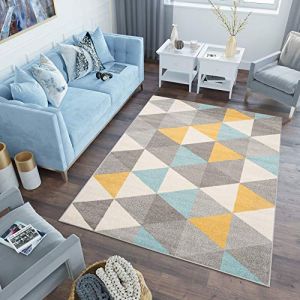 TAPISO Lazur Tapis Poil Ras Moderne Turquoise Gris Crème Jaune Géométrique Motif Triangles Tapis Salon Chambre Adulte Salle à Manger Bureau Oeko-TEX Résistant 180 x 260 cm (TAPISO-FR, neuf)