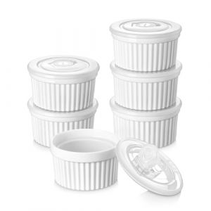 vancasso Ramequins avec Couvercles Lot, 6 X 200 ML Ramequins et Moules à Soufflés en Porcelaine, Ramequin Creme Brulee pour Muffin et Gâteau, Ramequin Four à Crème, Sauce, Fruit, Ø9.5 CM - Blanc (vancasso Ceramic Art, neuf)