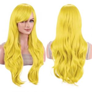 IMISSU 70cm Cheveux Longs Perruques Ondulées Eau Avec Frange Cosplay Perruque Costume (Jaune vif) (ManYuHao, neuf)