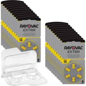 Rayovac Extra Advanced p10 Lot de 120 piles pour appareils auditifs 20 x 6 piles PR70 Jaune 24610 + boîte de rangement pour 2 piles d'appareils auditifs (10, 13, 312, 675), boîte de rangement pour 2 (EWANTO GmbH, neuf)
