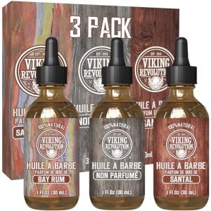 Huile Barbe Homme Conditionneur (Lot de 3) - Rhum de Baie, Sans Parfum & Bois de Santal - Revitalisant & Hydratant pour une Barbe Saine Viking Revolution (Viking - Revolution, neuf)