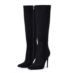Zhabtuc Bottes hautes pour femmes de 4 pouces, bottes à talons aiguilles à bout pointu et large mollet en cuir suédé confortable et sexy, daim noir, 42 EU (Tiance, neuf)