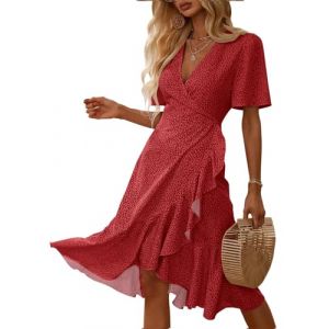 Imily Bela Robe d'&eacute;t&eacute; longue pour femme - Col en V - Robe d'&eacute;t&eacute; l&eacute;g&egrave;re et sexy - Robe d&eacute;contract&eacute;e, rouge, S (Sysea store, neuf)