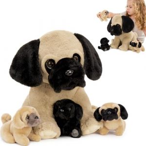 MorisMos XXL Carlin Peluche G&eacute;ant, 35cm Mom Chien avec 3 Kawaii Chiot B&eacute;b&eacute;, R&eacute;aliste Douce Chien en Peluche Grande Teddy Cadeau pour Enfants Anniversaire No&euml;L Deco (FUIYWIKE, neuf)
