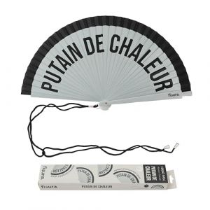 fisura – Éventail original avec message « P*tain de chaleur ». Ventilateur réversible élégant bois coloré. Accessoire portable gris noir. Crochet inclus. Dimensions : 42,5 x 23 cm (FISURA, neuf)