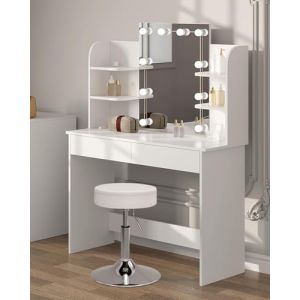 WOLTU Coiffeuse avec Miroir LED, Coiffeuse avec Tabouret Réglable en Hauteur, Table de Maquillage avec 2 Tiroirs 4 Étagères Ouvertes, 108x40x142cm, Bureau Coiffeuse Blanche en Bois, MB6106ws (WOLTU GmbH, neuf)