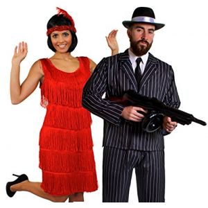 D&eacute;guisement accessoires pour couple de gangster adulte une robe rouge Charleston S. un bandeau, un collier de fausses perles + un costume XXL, une mitrailleuse Thompson gonflable, un chapeau (ILFD GROUP LTD, neuf)