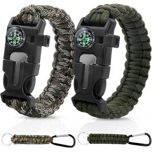 JNZLT Lot de 2 bracelets de survie 5 en 1 en paracorde avec 2 mousquetons et boussole int&eacute;gr&eacute;e, allume-feu, couteau d'urgence et sifflet (JNZLT, neuf)